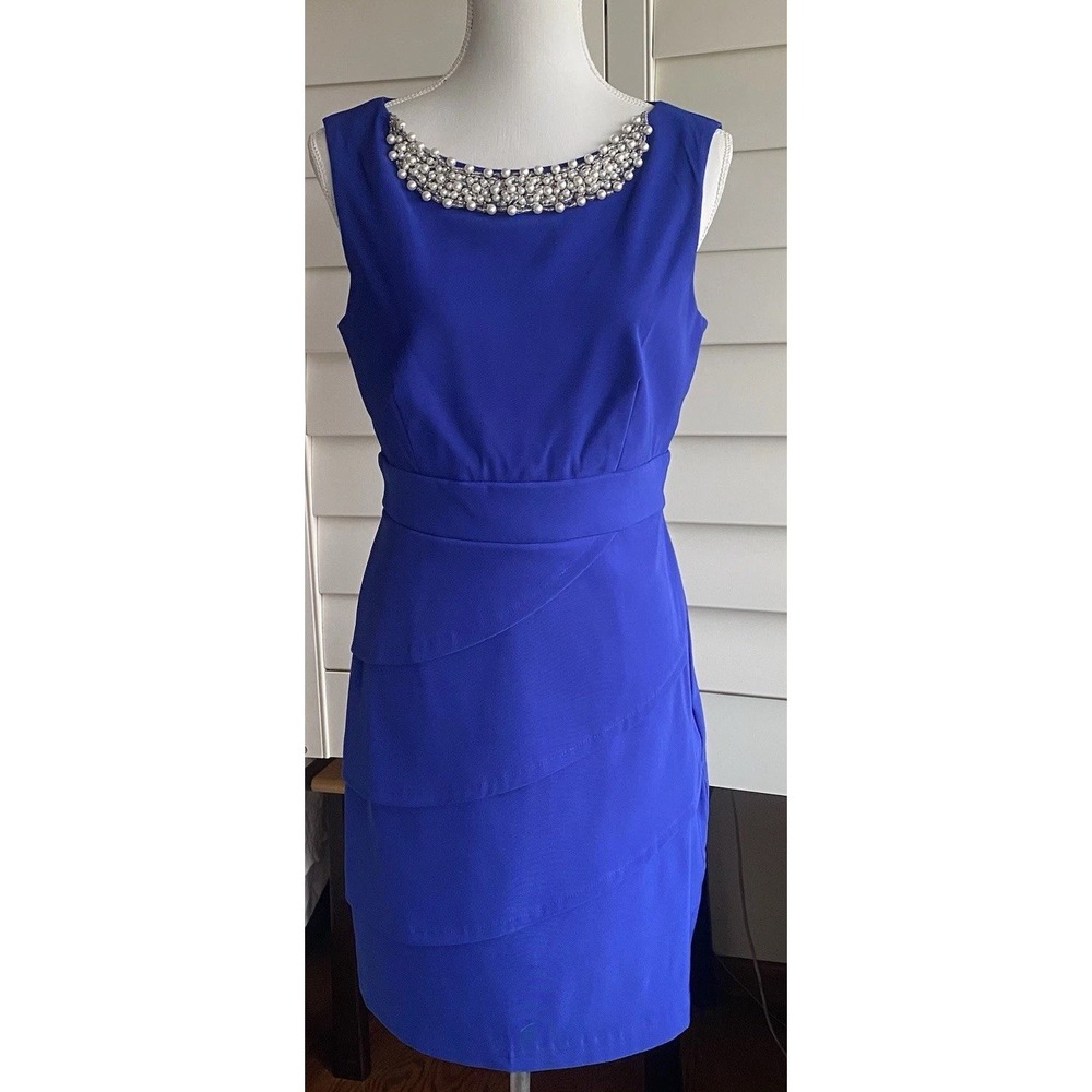 Connected Apparel Blue Sheath Dress 8 Beaded Pearl Neckline‎ Lined Party Wedding